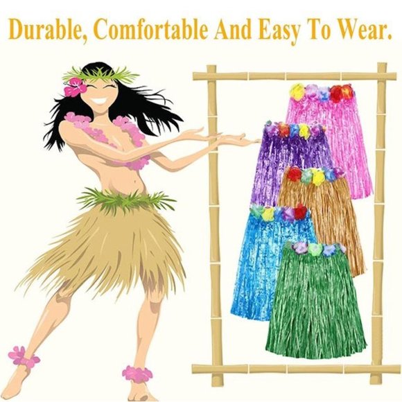 Pair of Adult Costume Plastic flower decorated Hula Skirts w/velcro- 2 Colors, - Picture 5 of 13